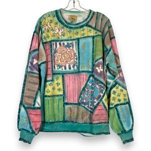 Vintage Wearable Art Sweatshirt Top Large Floral Hand Painted Blue Green Pink